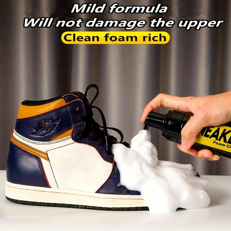 Person cleaning a high-top sneaker with a foam cleaner, with text about the product's benefits.