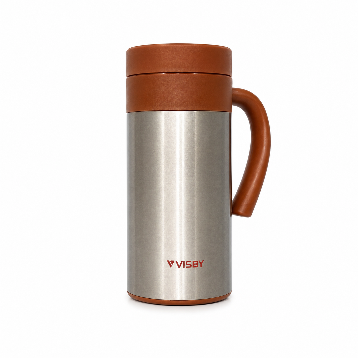 Stainless Steel Vacuum Mug 400ML with brown handle and lid on a white background, featuring the Visby brand.