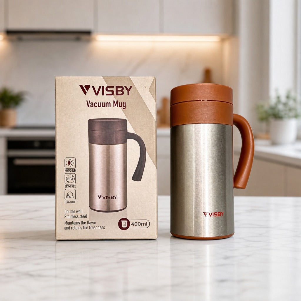 Stainless Steel Vacuum Mug 400ML with packaging on a kitchen counter