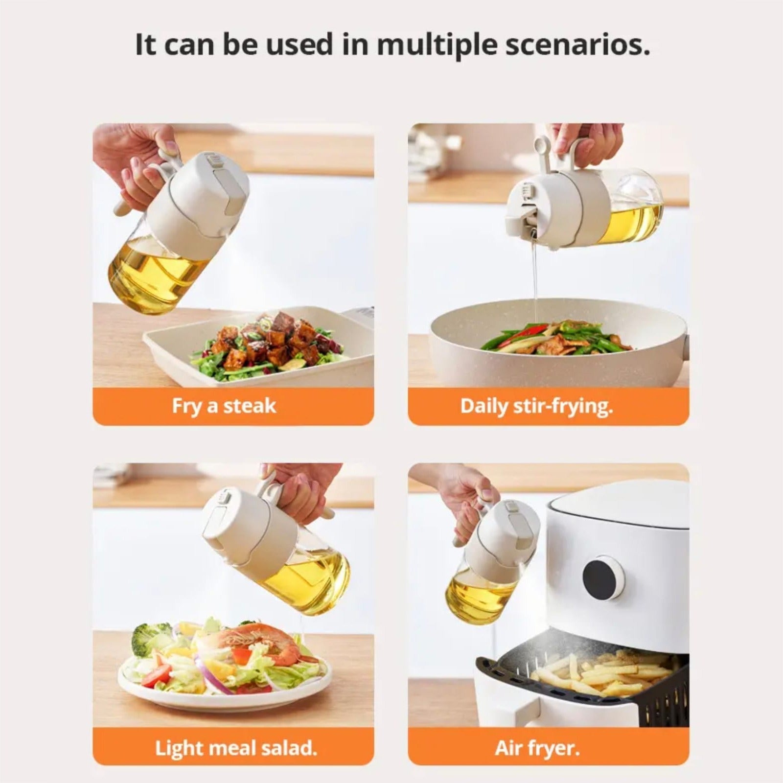 A Person is demonstrating the multi uses of 550ml Oil Dispenser Spray Bottle.