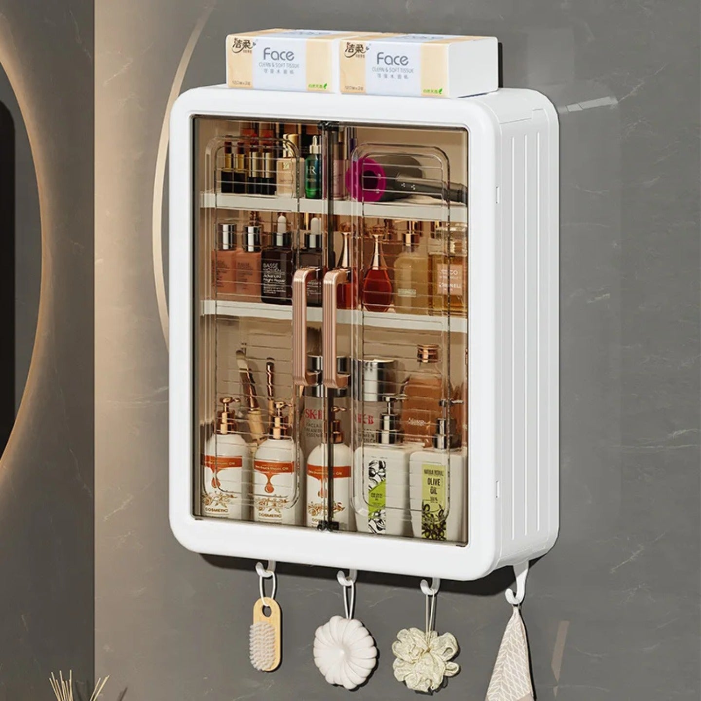 Wall Mounted Storage Cabinet Organized with Shower Items.
