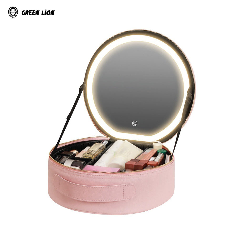 A pink makeup organizer case with a built-in LED mirror, filled with cosmetics and beauty essentials.