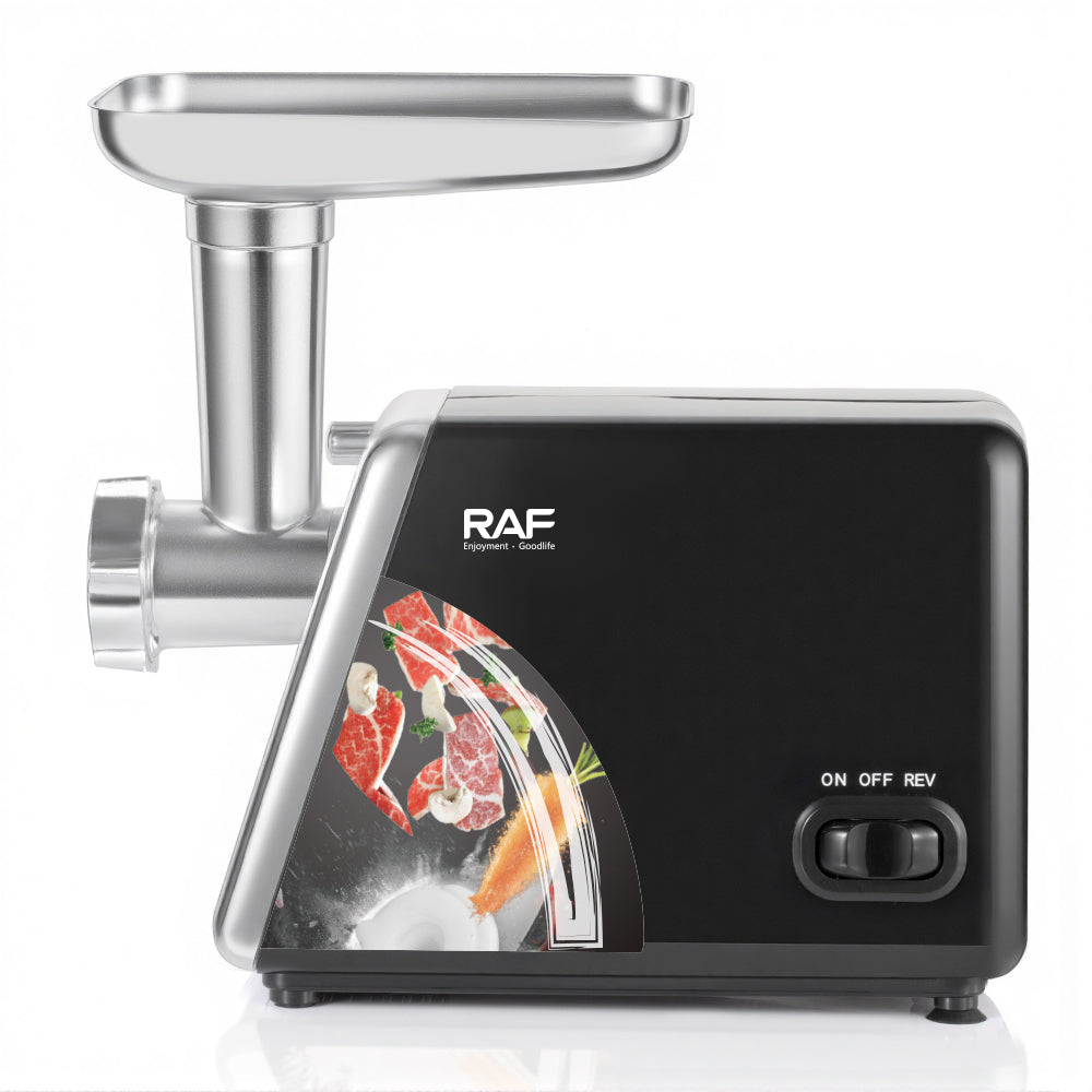 RAF 2500W Electric Meat Grinder with black and silver design on a white background