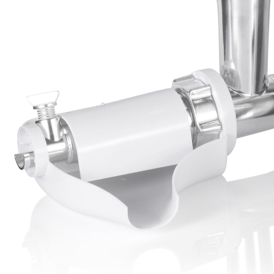 Close-up of a RAF Electric Meat Grinder with a chrome holder on a white background