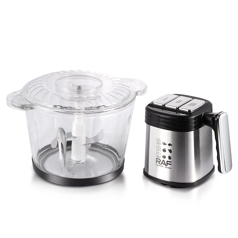 RAF 3L Electric Food Processor with clear container and stainless steel base on a white background