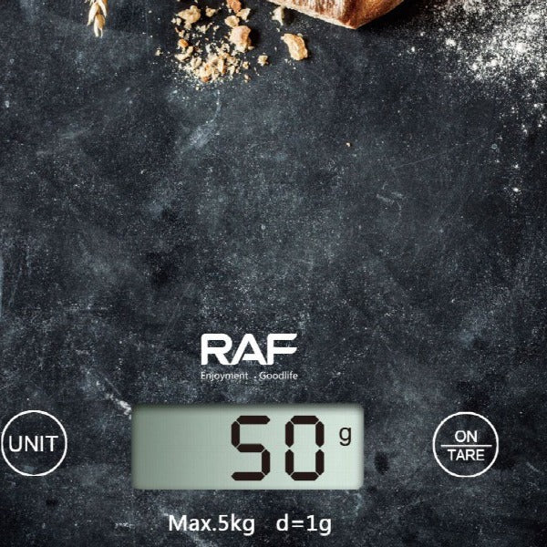 Digital kitchen scale with RAF branding on a dark surface