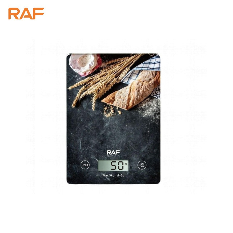 RAF Digital Kitchen Scale with bread and flour design on a white background