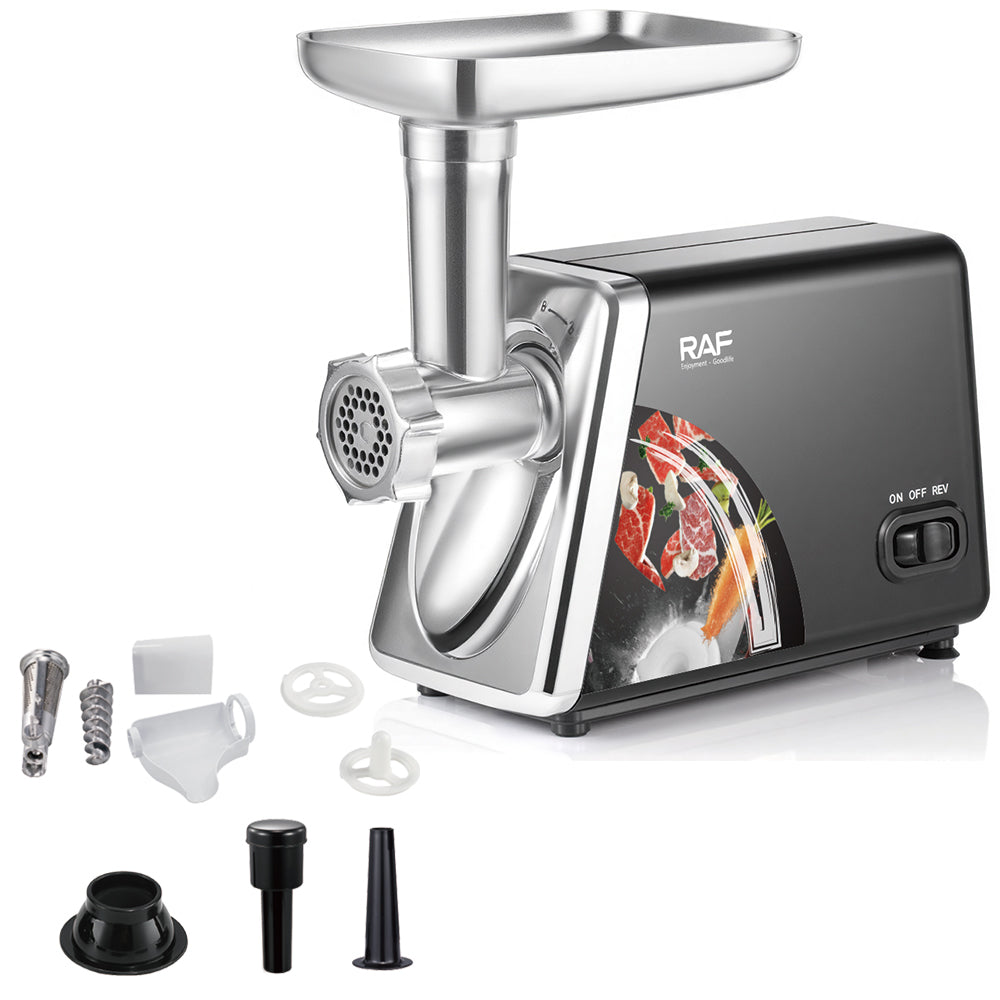 RAF 2500W Electric Meat Grinder Machine with attachments on a white background