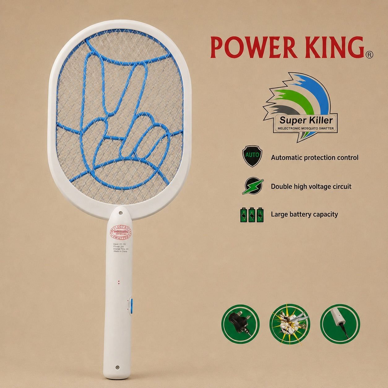 Rechargeable Electric Mosquito Fly Swatter Racket, High Voltage Bug Zapper Killer