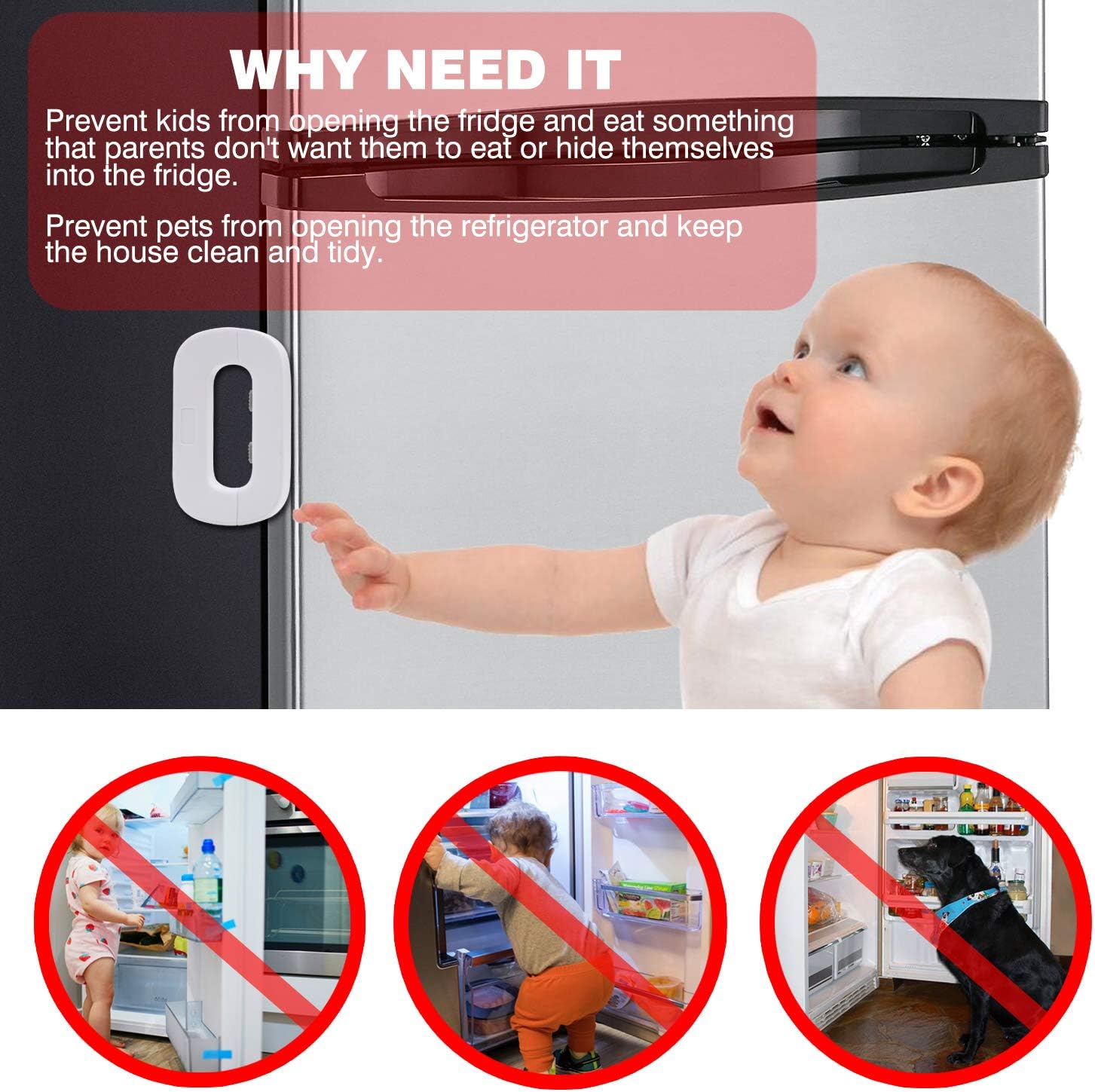 Baby trying to open a refrigerator with text explaining Refrigerator Child Safety Lock benefits and uses.