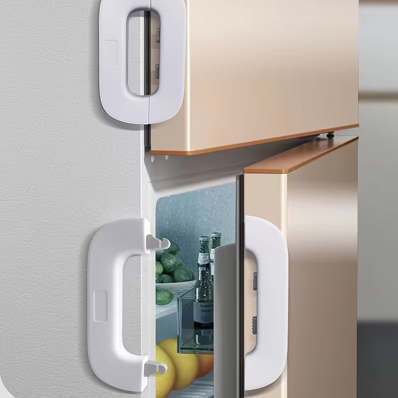 Refrigerator with Child Safety Lock and open door revealing food items inside.