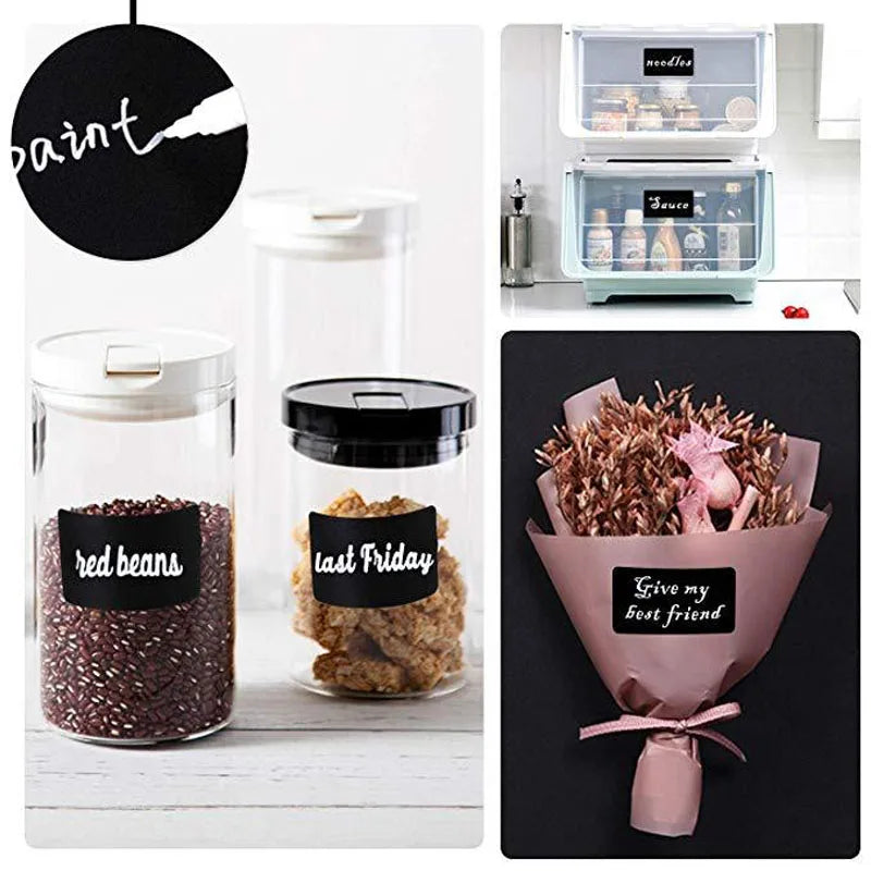 eusable Black Chalkboard Labels Roll pasted on multiple items