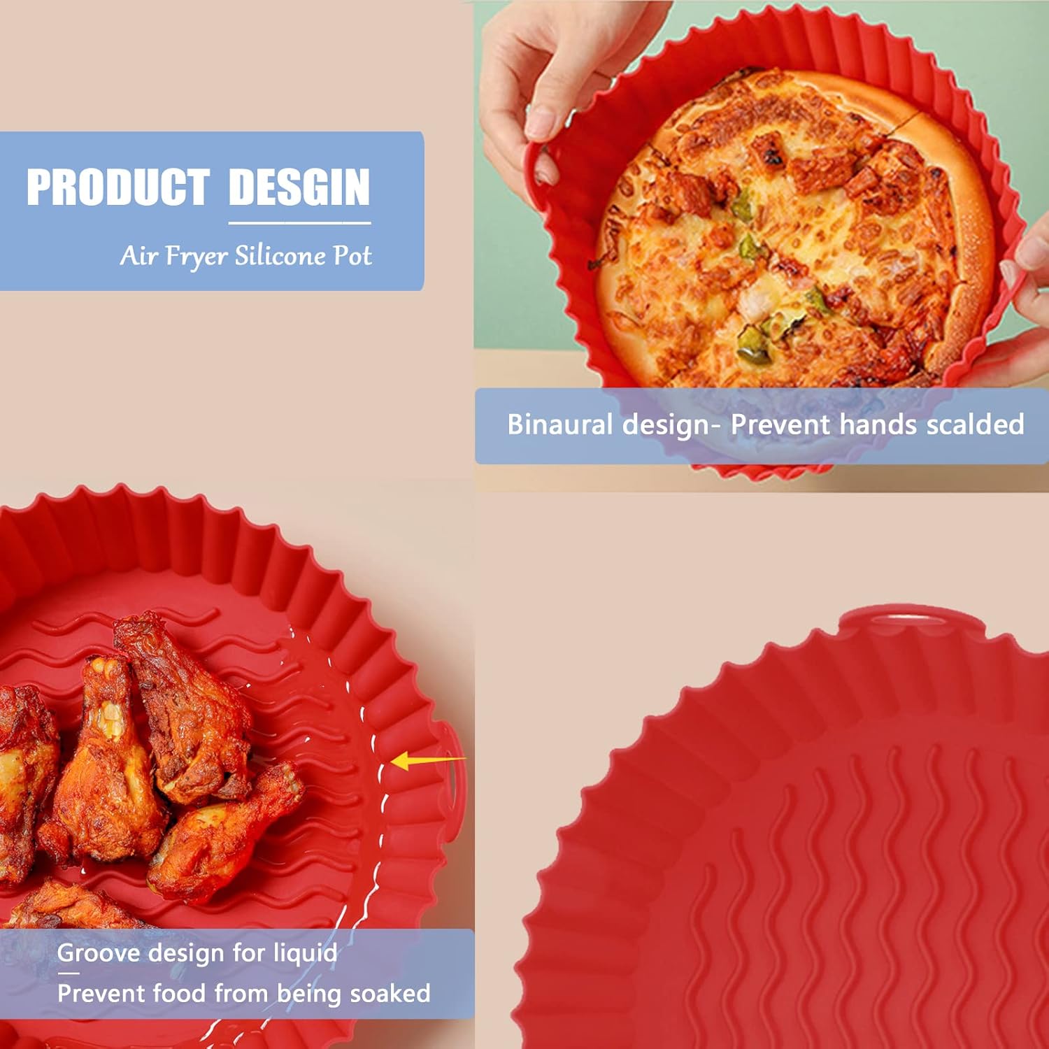 A Person is Holding a Reusable Silicone Air Fryer Basket with Pizza in it.