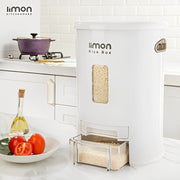A Rice Box with Measuring is Placed at Kitchen Countertop.