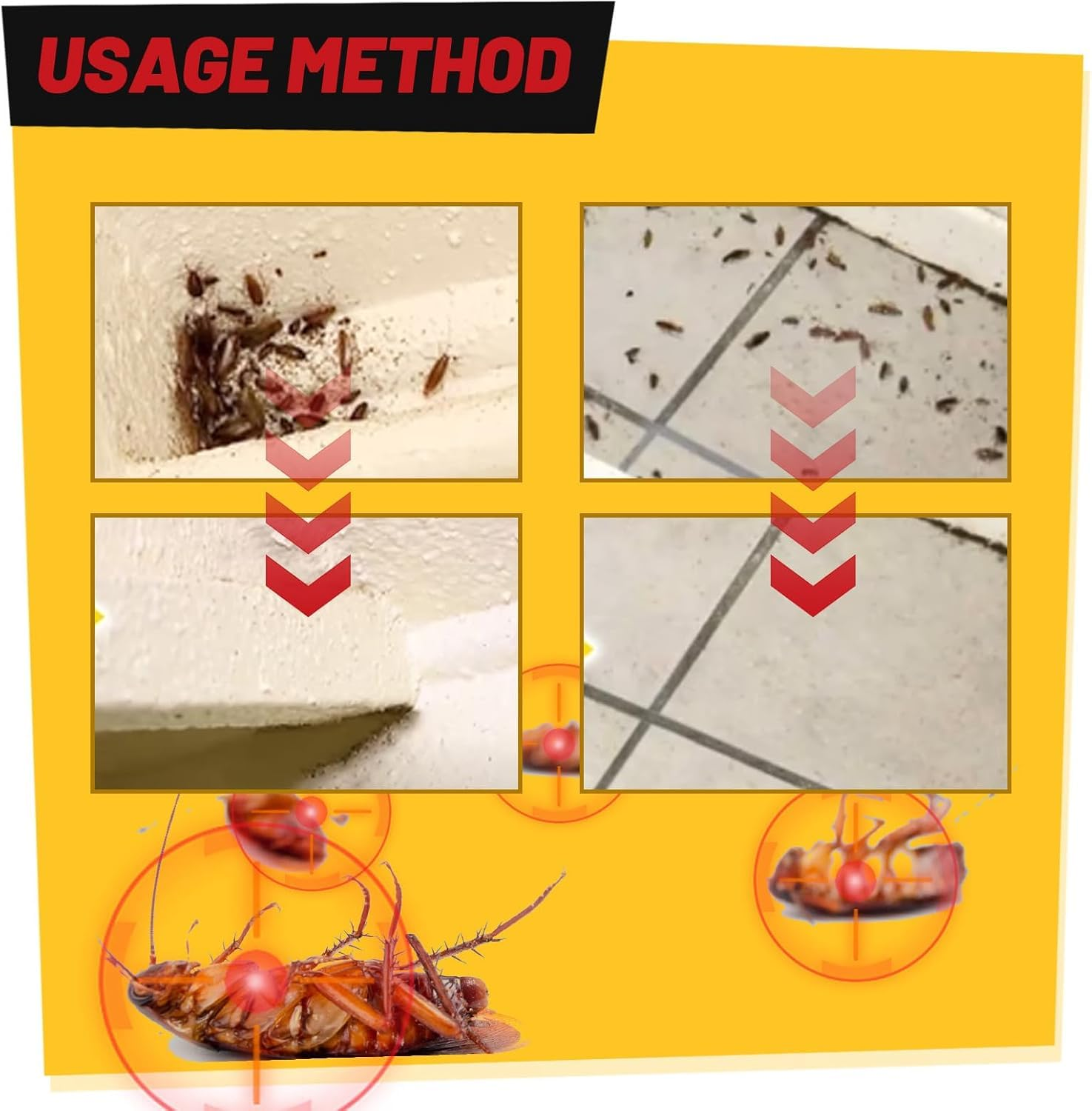 IInstructions for using Roach Doctor Cockroach Gel Bait, featuring illustrations of cockroaches, target pests, and recommended application methods on a yellow background.