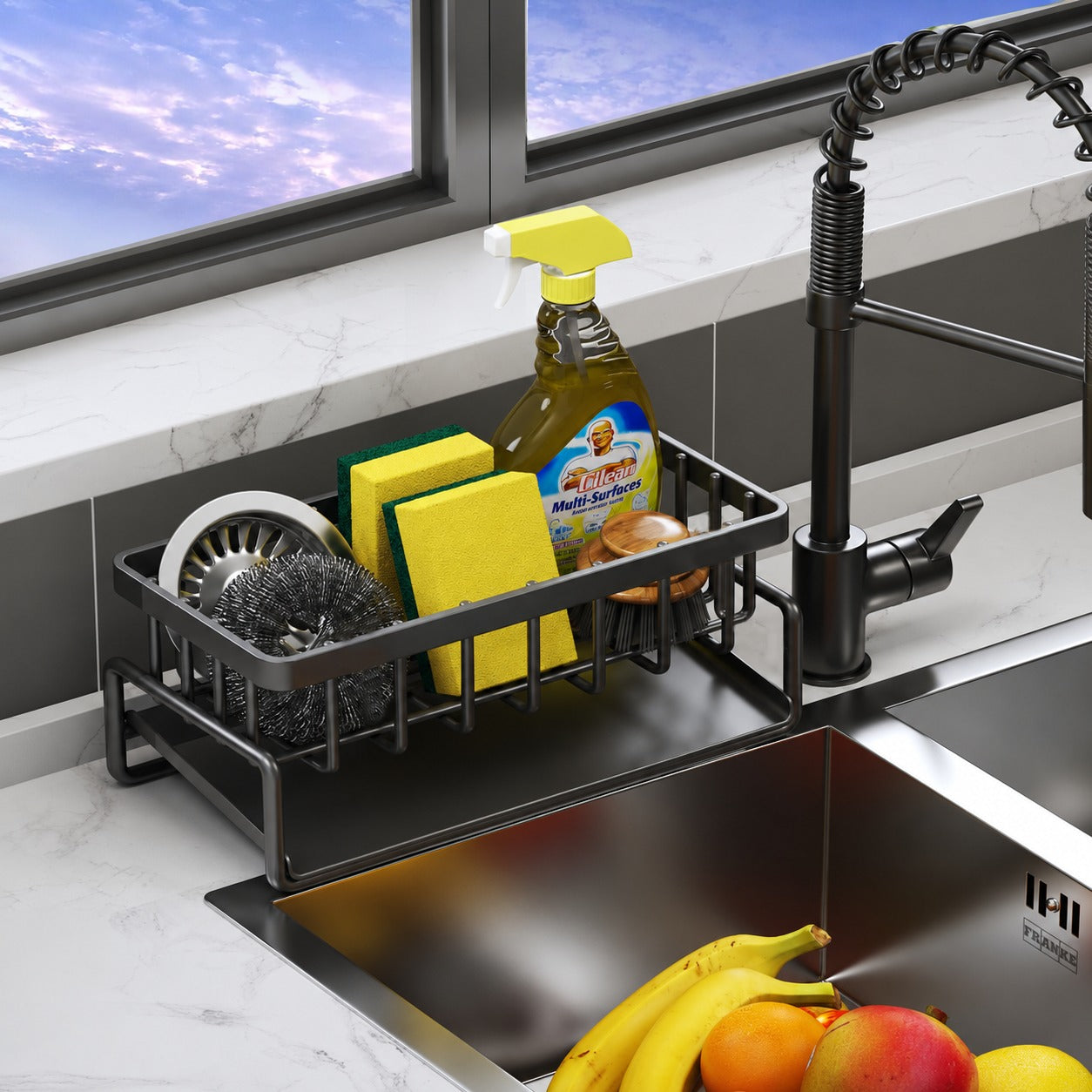Rustproof Stainless Steel Sink Organizer Rack with some items in it