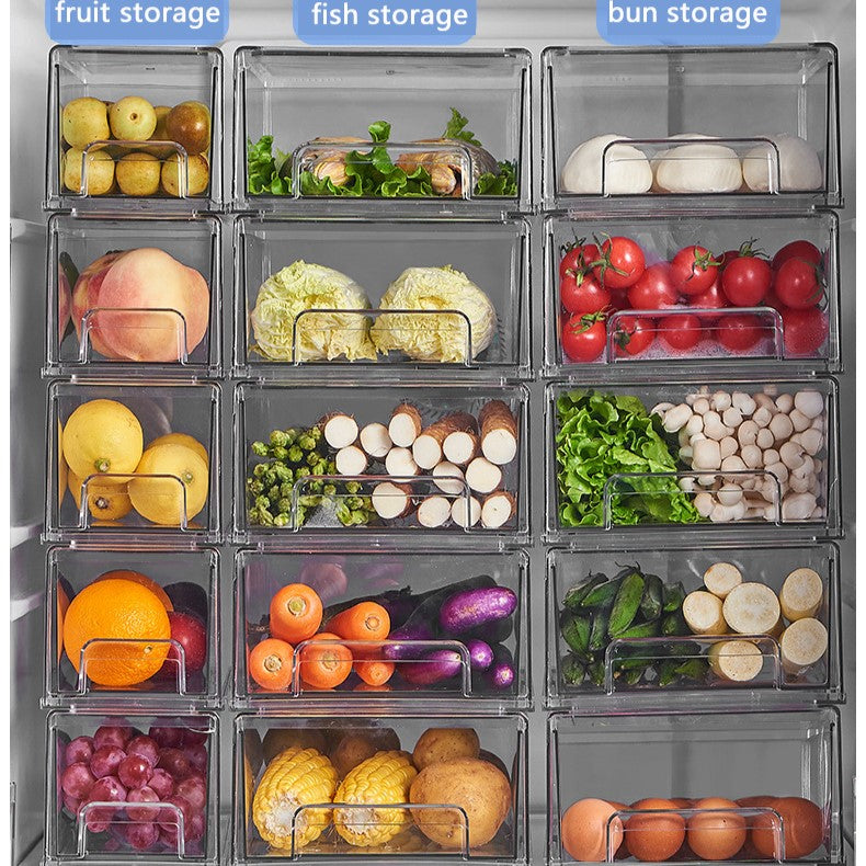 An image of a refrigerator featuring a range of fruits and vegetables neatly stored in a drawer type storage box