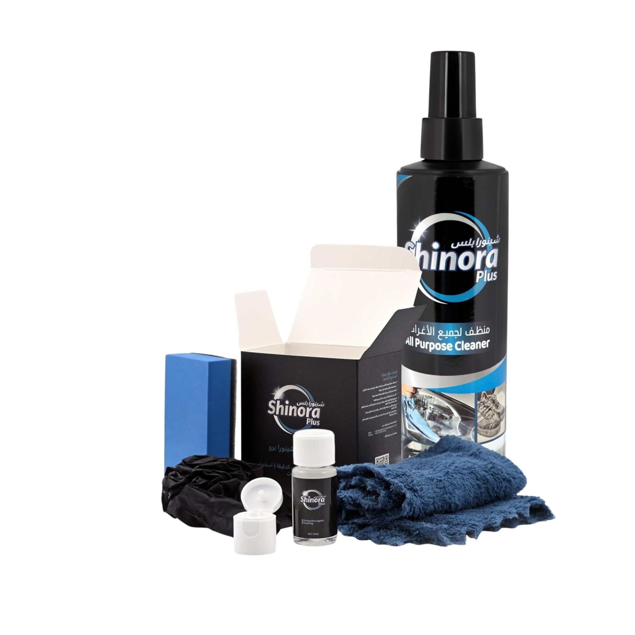 Shinora cleaning products including a spray bottle, cloths, and other items on a white background