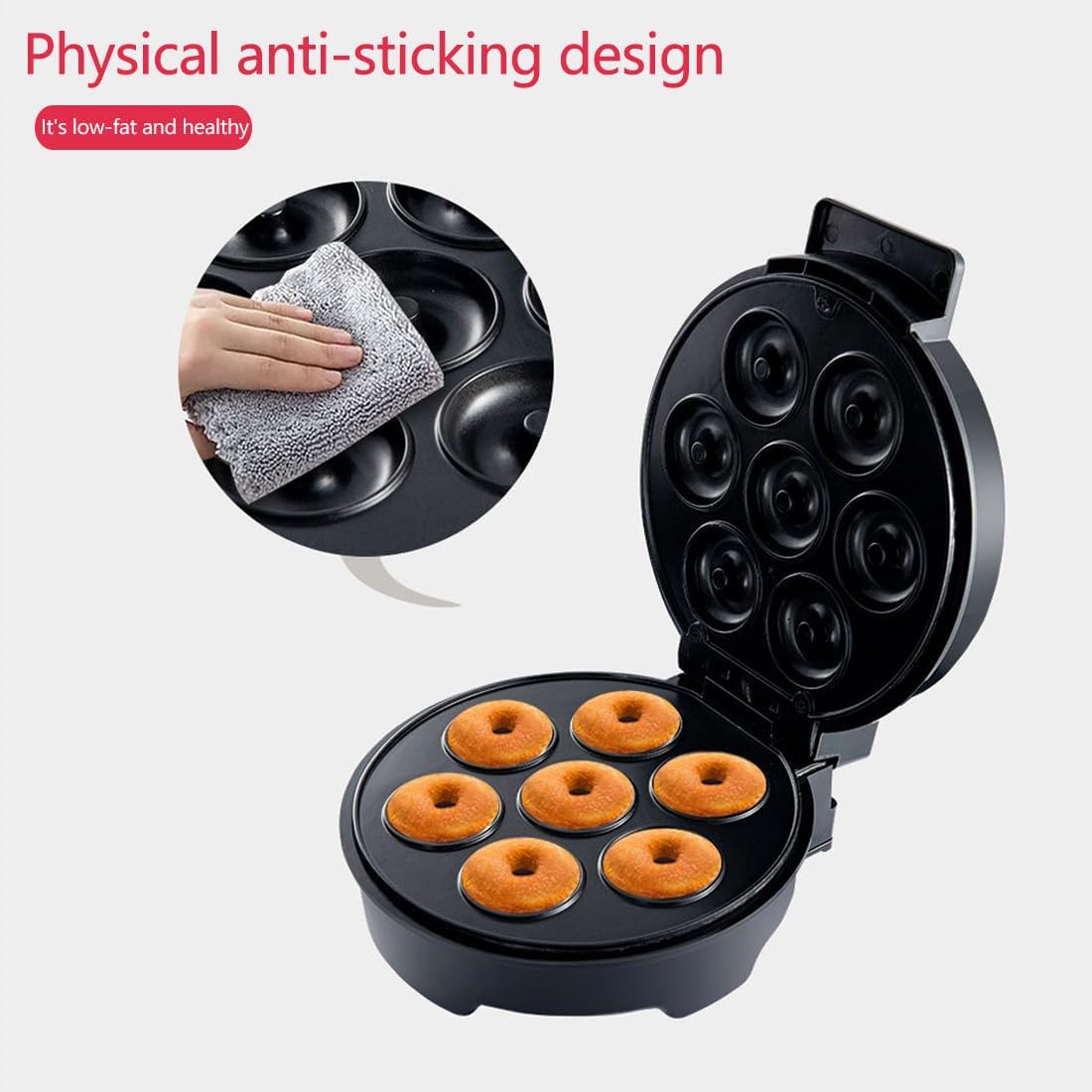 SOKANY Donut Maker with donuts and text about physical anti-sticking design on a white background