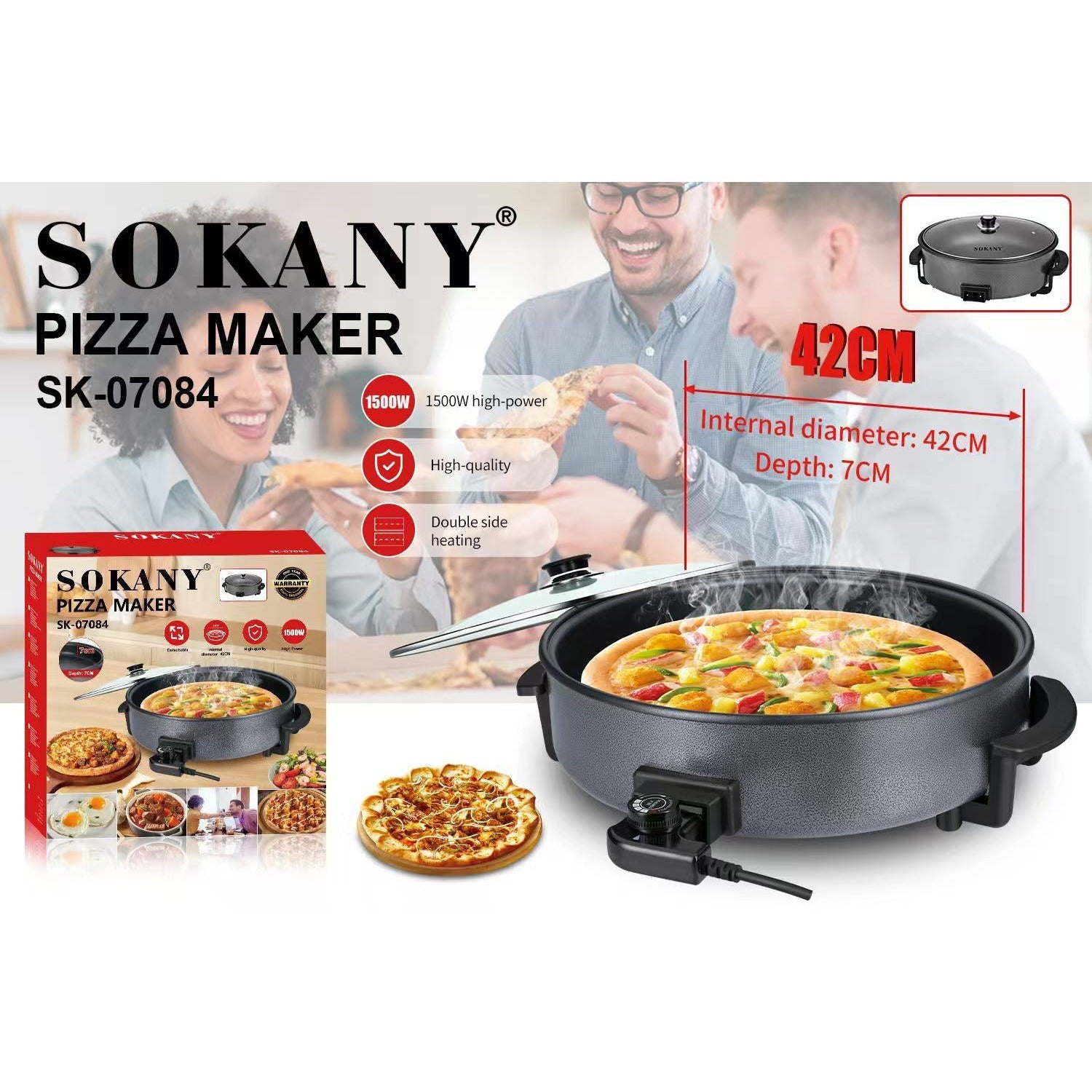 Sokany pizza maker with packaging, pizza, and product details on a white background