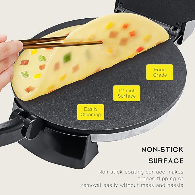 SOKANY Roti Maker with a cooked crepe on top, labeled 'Food Grade' and '12 Inch Surface', Easily Cleanable