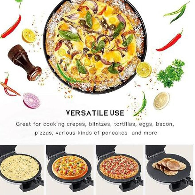A SOKANY roti maker used to prepare various dishes like roti, pizza, crepes, and pancakes, shown with different cooked foods and ingredients