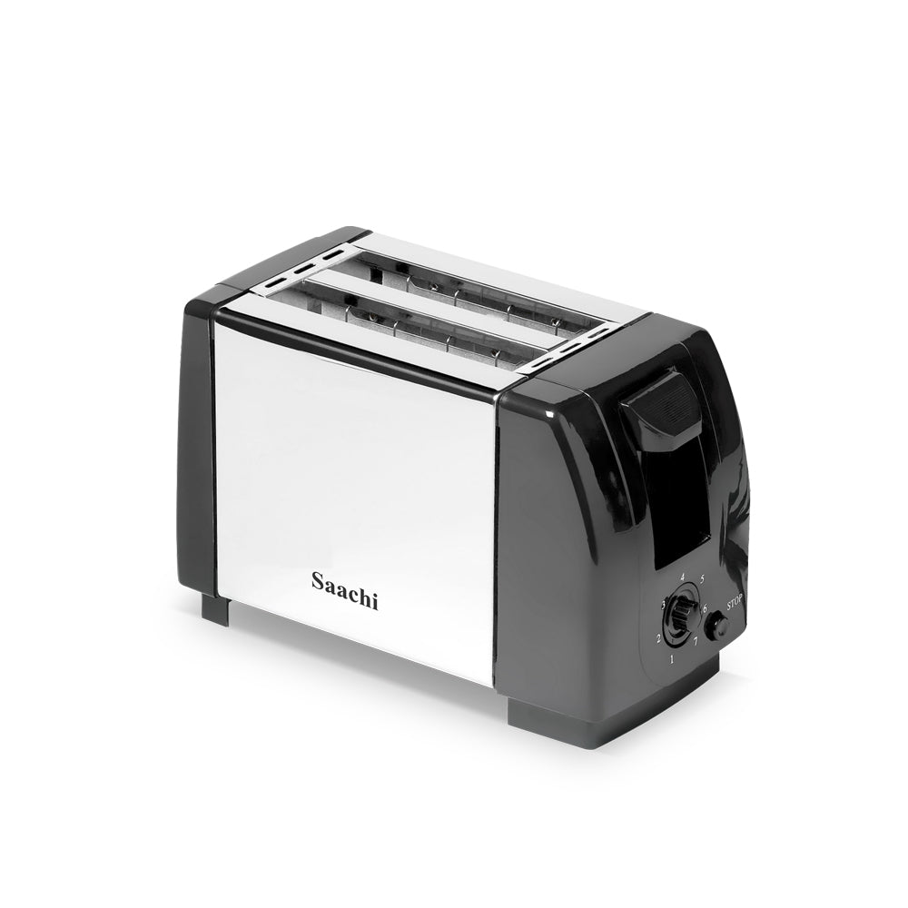 The Saachi toaster showcased with two slices of bread on a white background.