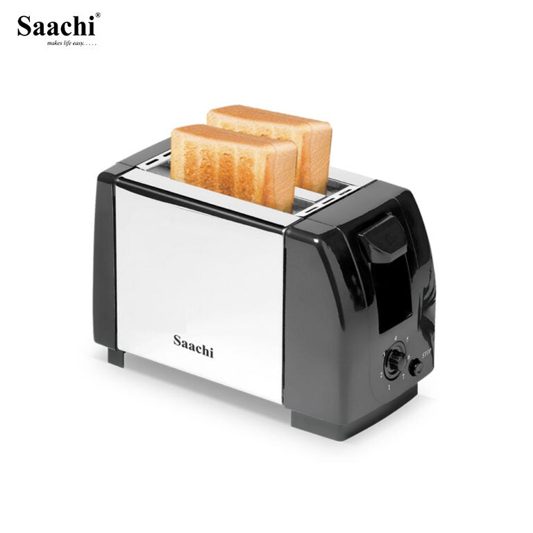 A Saachi toaster with two slices of toasted bread, displayed on a clean white background.