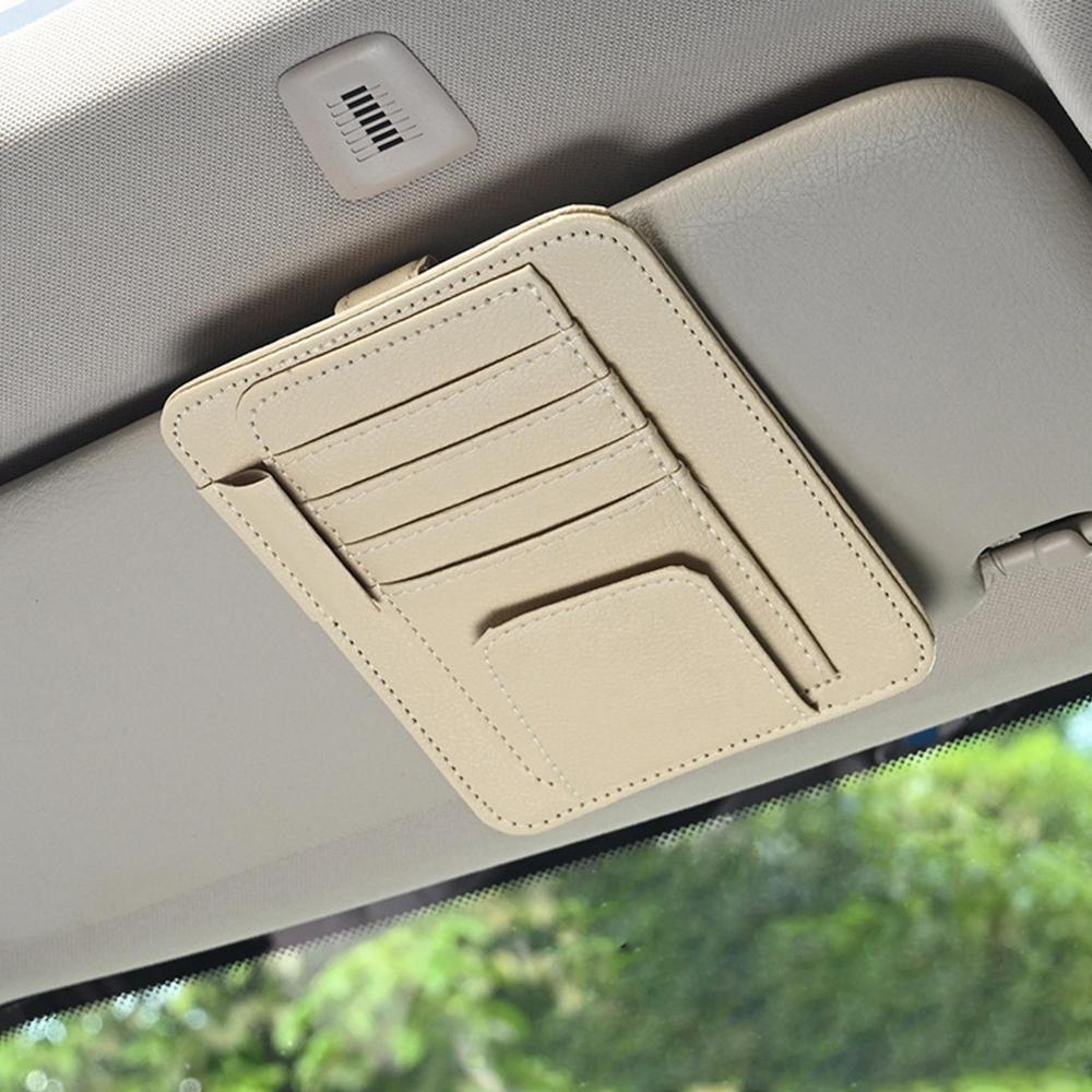 Leather Car Sun Visor Organizer - Multi-Pocket Holder for Sunglasses, Cards, Bills, Wallet, Pen