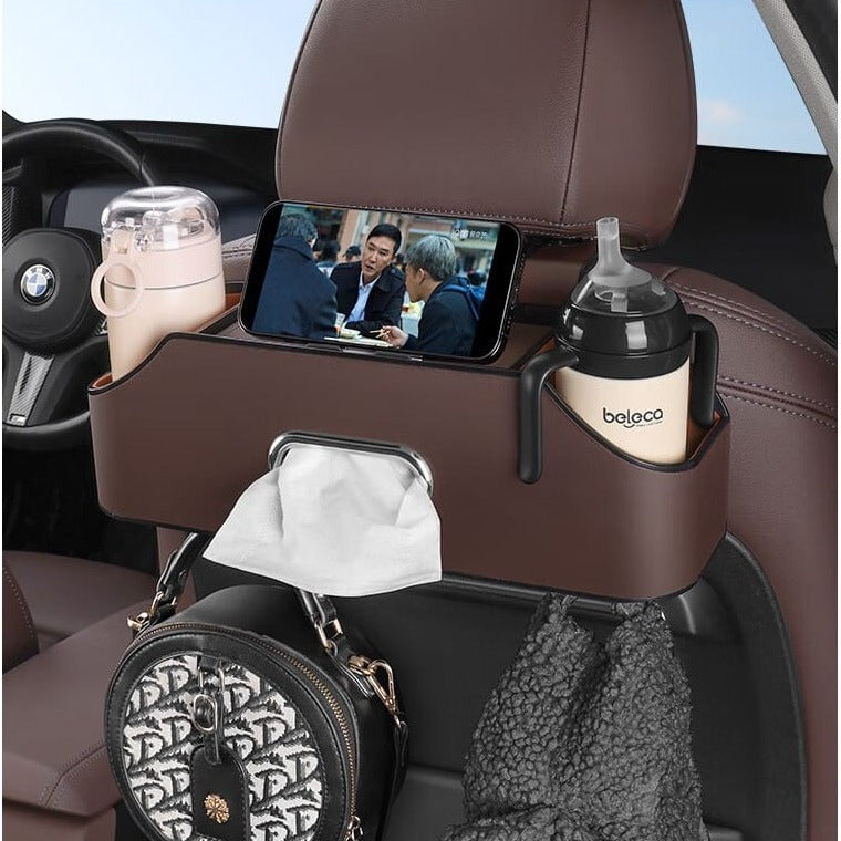 Brown Car Seat Headrest Storage Organizer Box Organized With Bottles and Tissues.