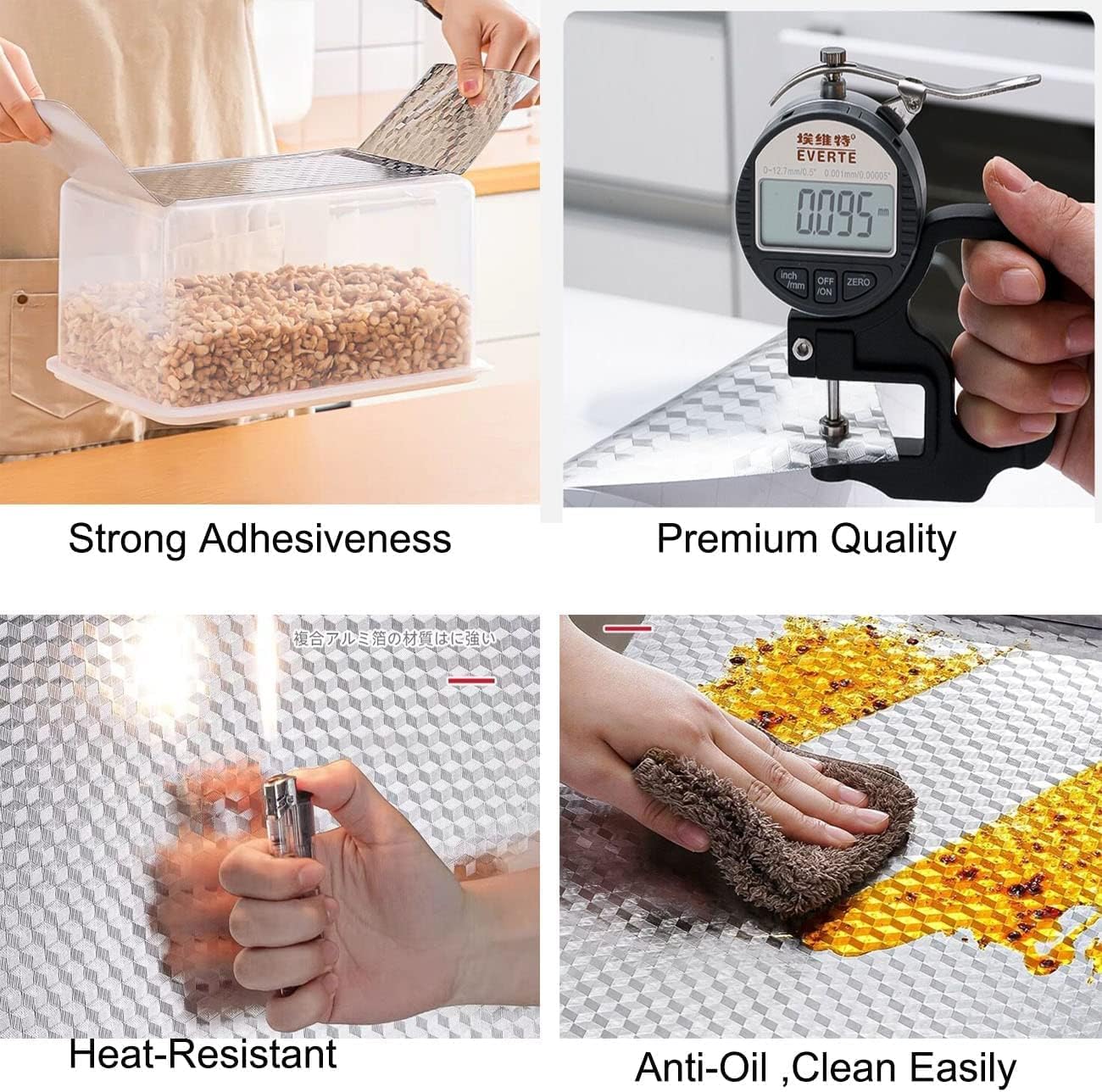 Features of Self Adhesive Wallpaper including strong adhesiveness, premium quality, heat-resistance, and ease of cleaning.