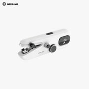 White  Green Lion Handheld Sewing Machine with digital display on a white background