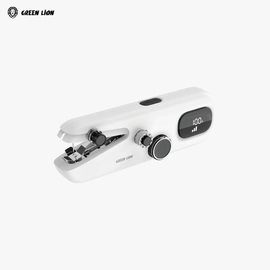 White  Green Lion Handheld Sewing Machine with digital display on a white background