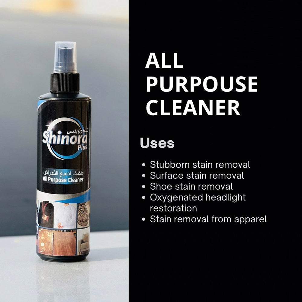 Shinora all-purpose cleaner bottle with usage details on a gray background