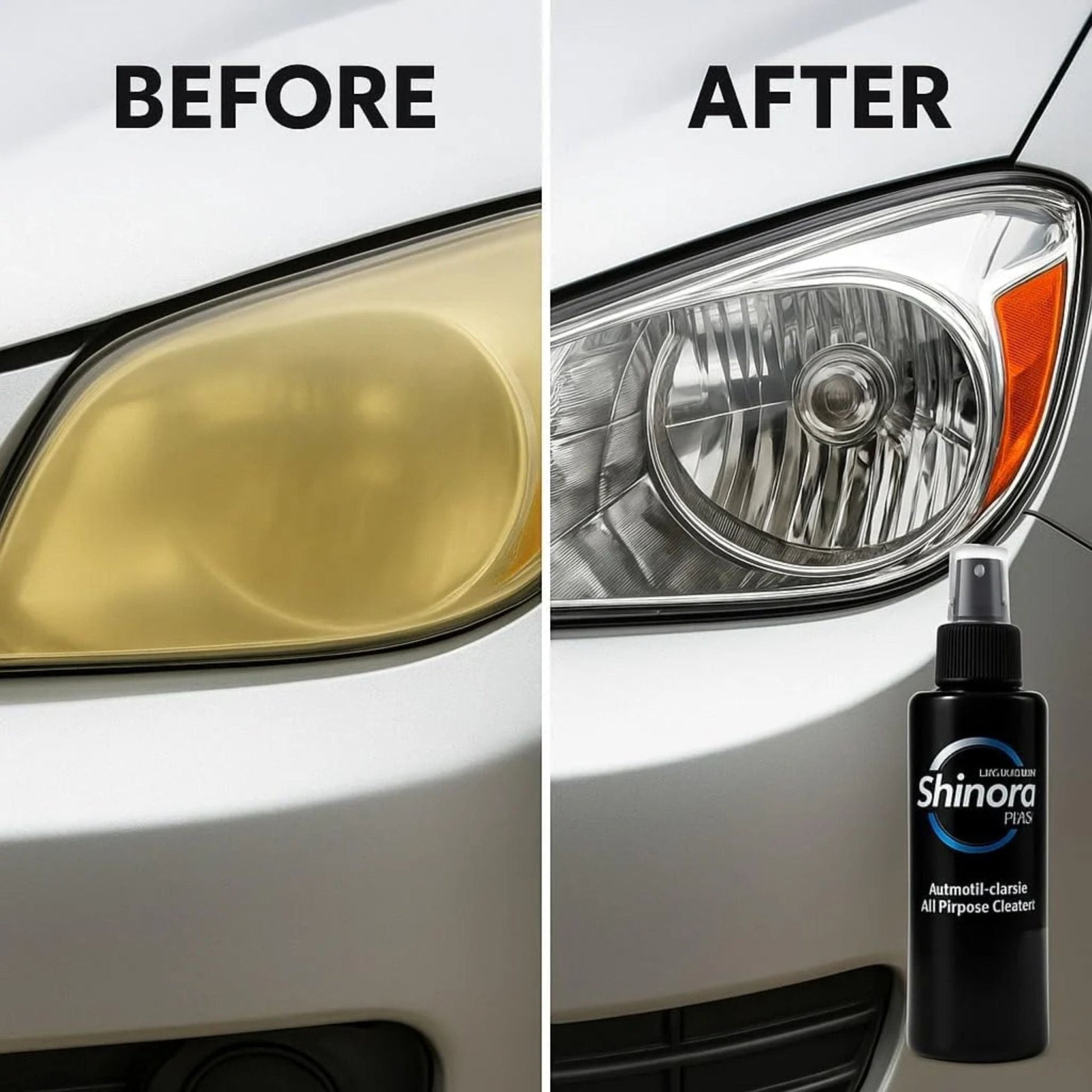 Before and after comparison of a car headlight with Shinora product application.