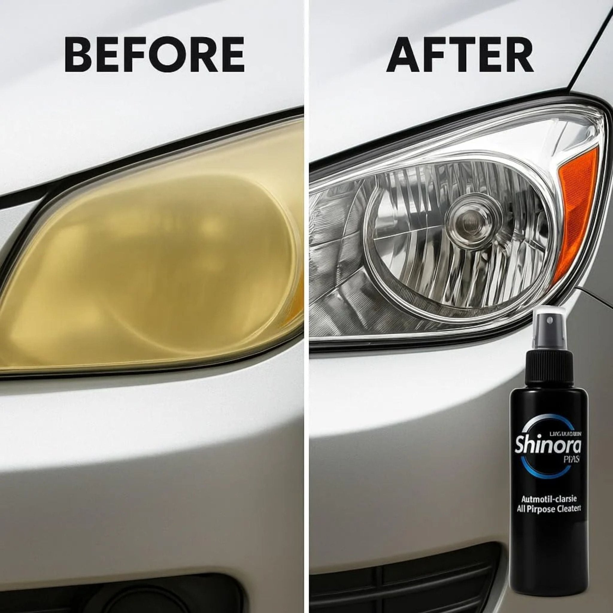 Before and after comparison of a car headlight with Shinora product application.