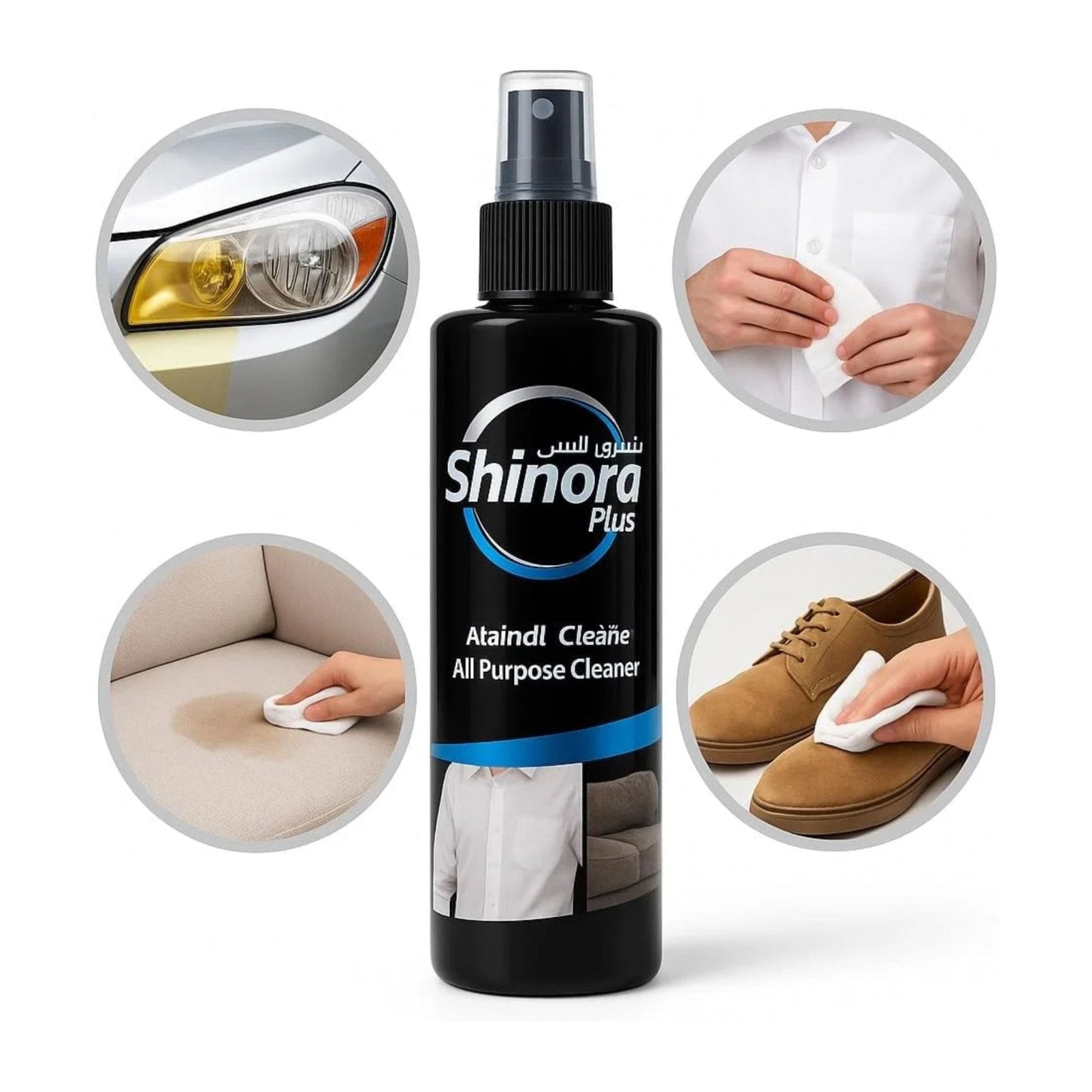 Shinora Plus all-purpose cleaner bottle with application examples on a white background