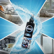 Shinora cleaner bottle with cleaning applications on a blue background