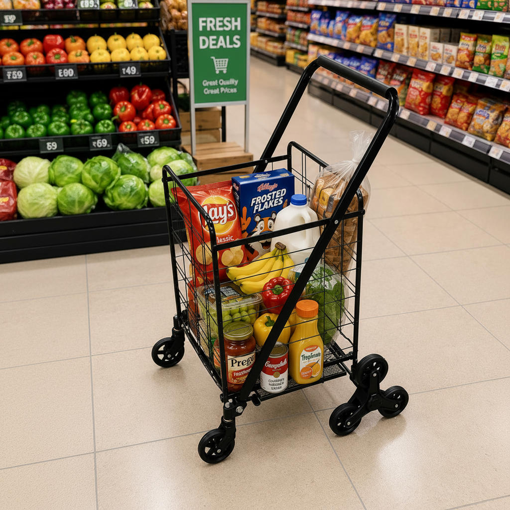 Shopping cart filled with groceries in a supermarket.