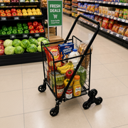 Shopping cart filled with groceries in a supermarket.