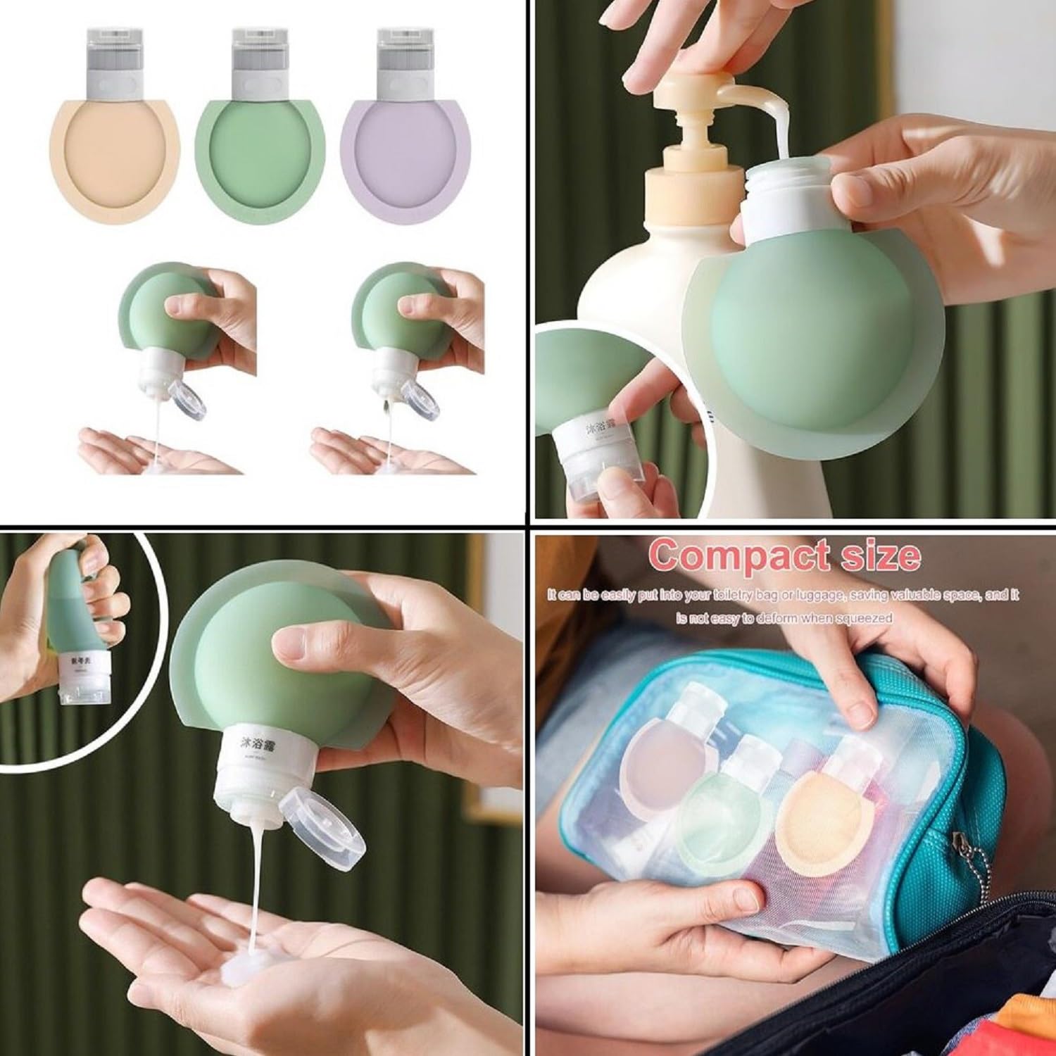 Collage of a Silicone Travel Bottle Set with pump, being used, and in a travel case.