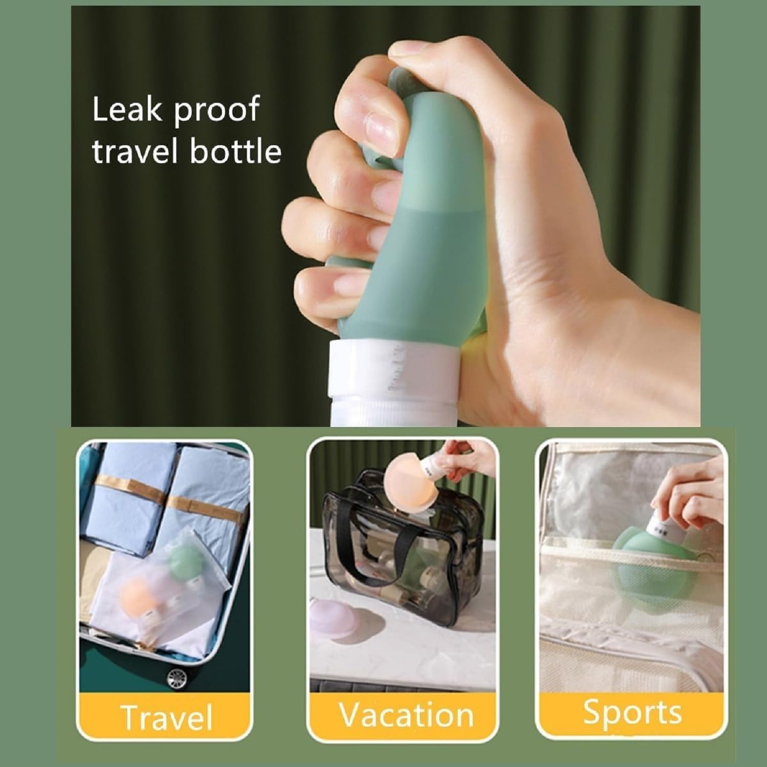 Silicone Travel Bottle Set held by a hand with additional images showing its use in travel, vacation, and sports scenarios.