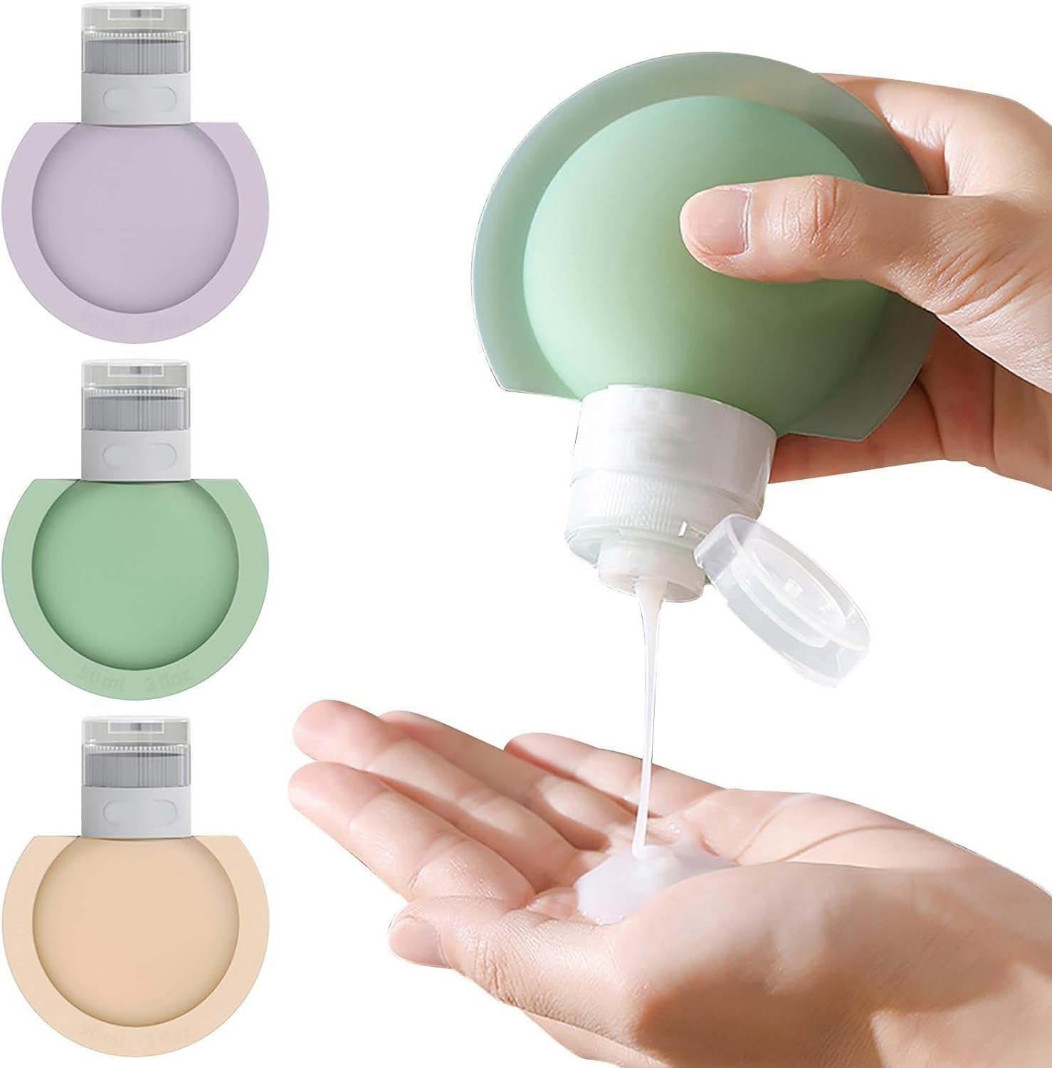 Handheld silicone Silicone Travel Bottle Set with pump dispensing liquid onto a palm, shown in multiple colors.