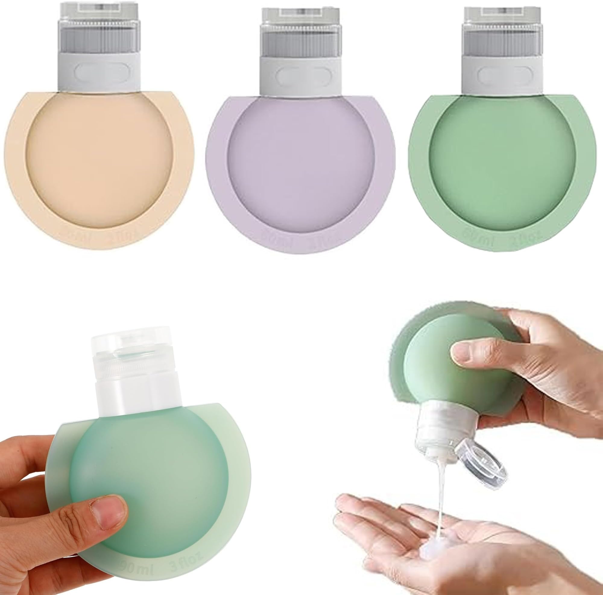 Set of Three Silicone Travel Bottles in Beige, Purple, and Green with a Hand Holding One Bottle
