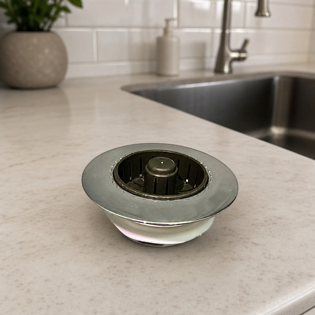 Sink drain cover on a kitchen counter with a sink and faucet in the background.
