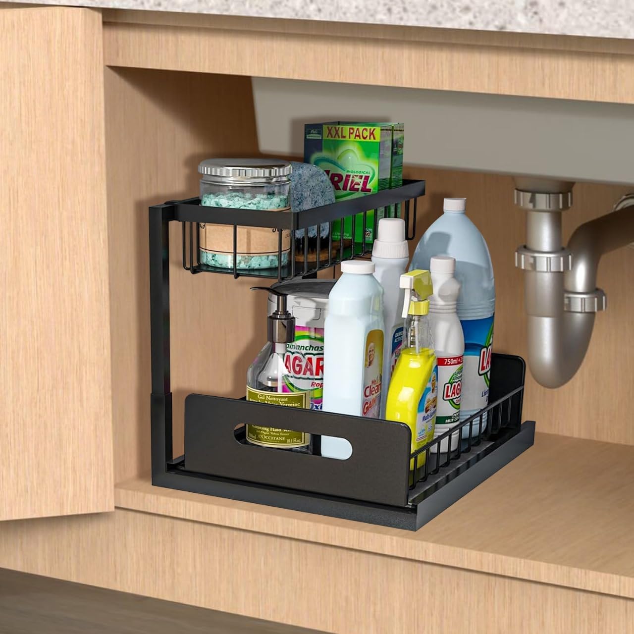 Sliding Storage Rack with cleaning supplies in a kitchen setting