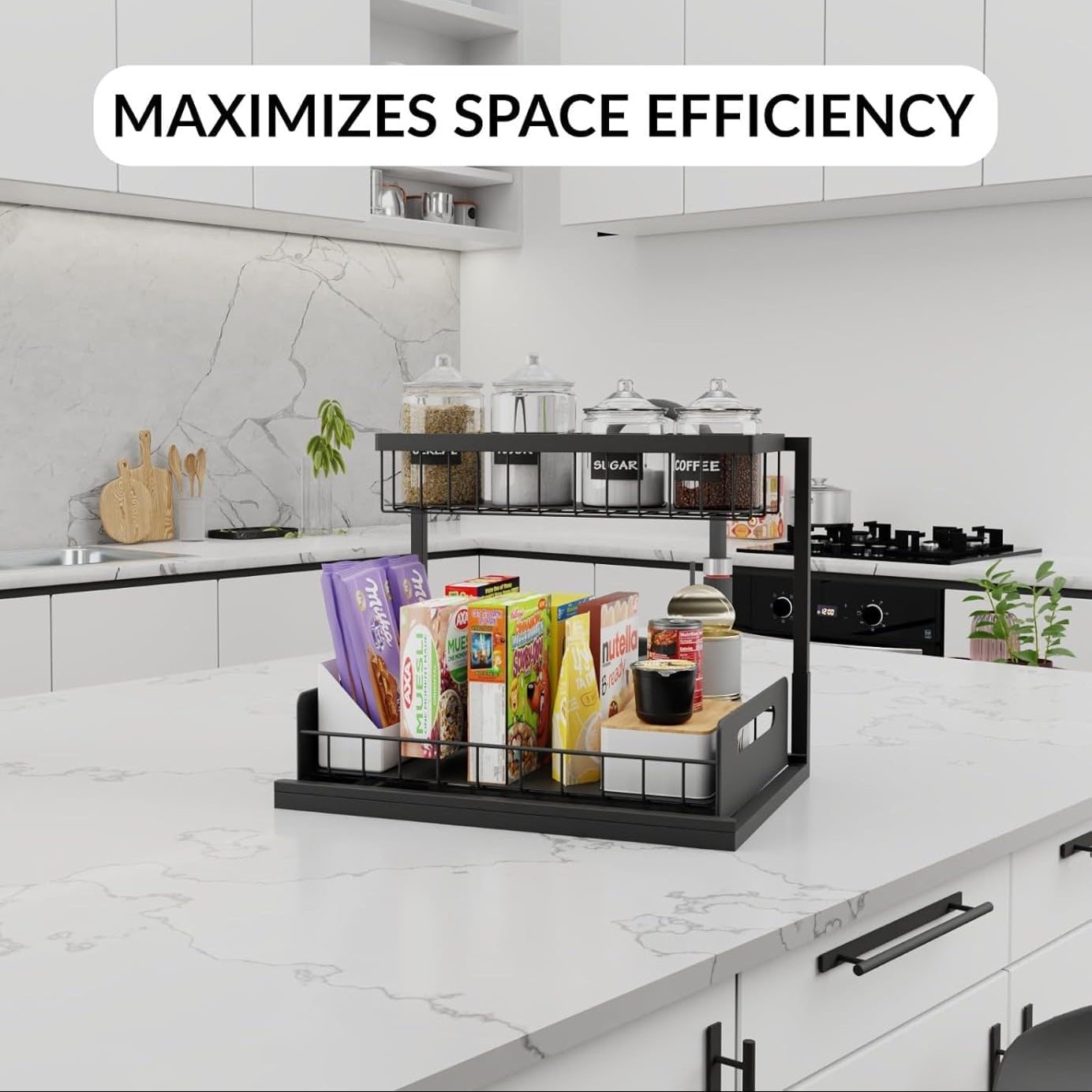 Kitchen counter with a black Sliding Storage Rack maximizing space efficiency.