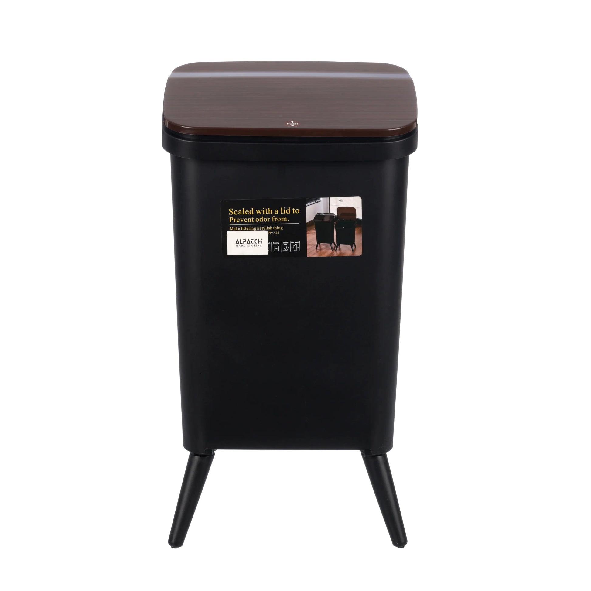 Slim Push Lid Trash Bin with a brown lid on a white background