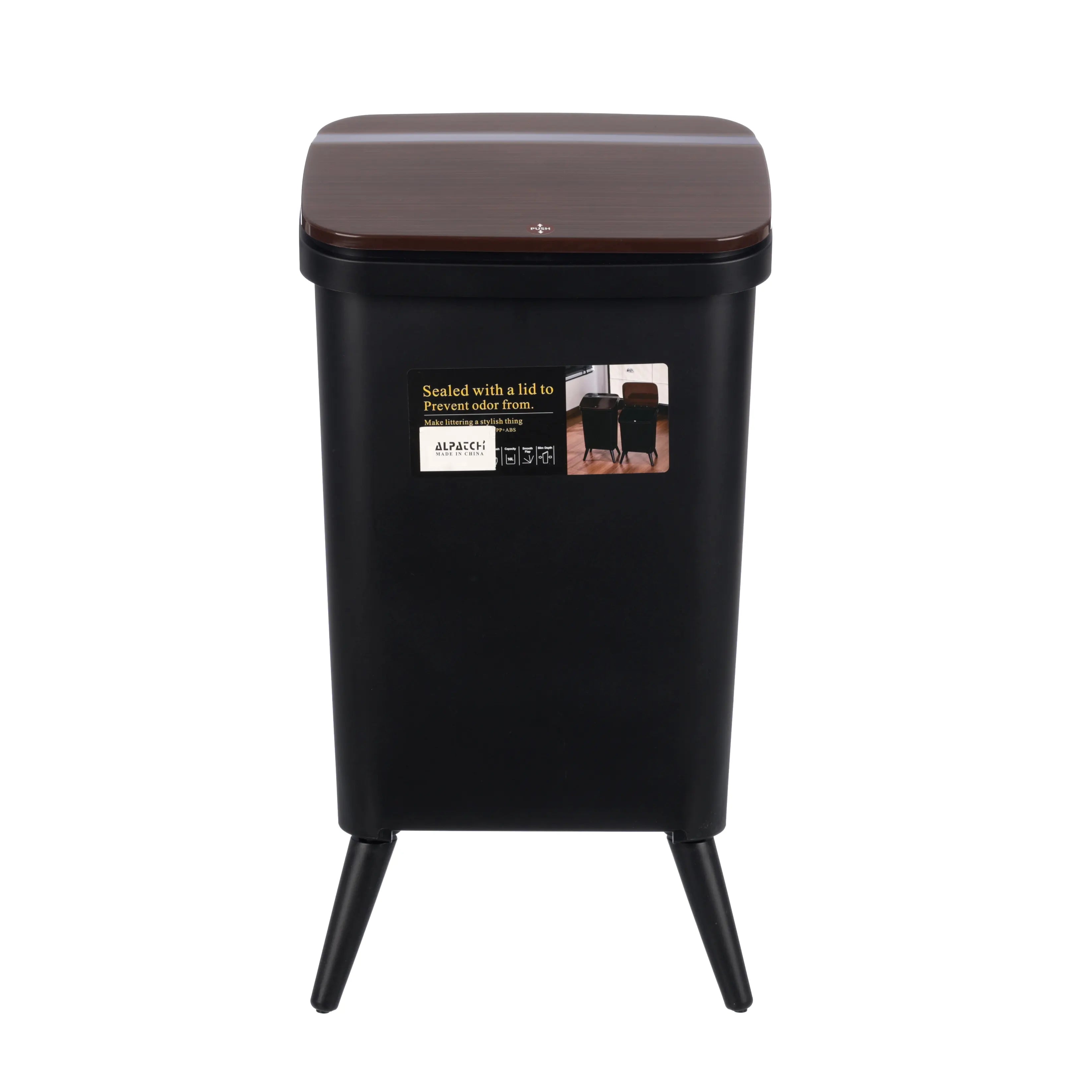 Slim Push Lid Trash Bin with a brown lid on a white background