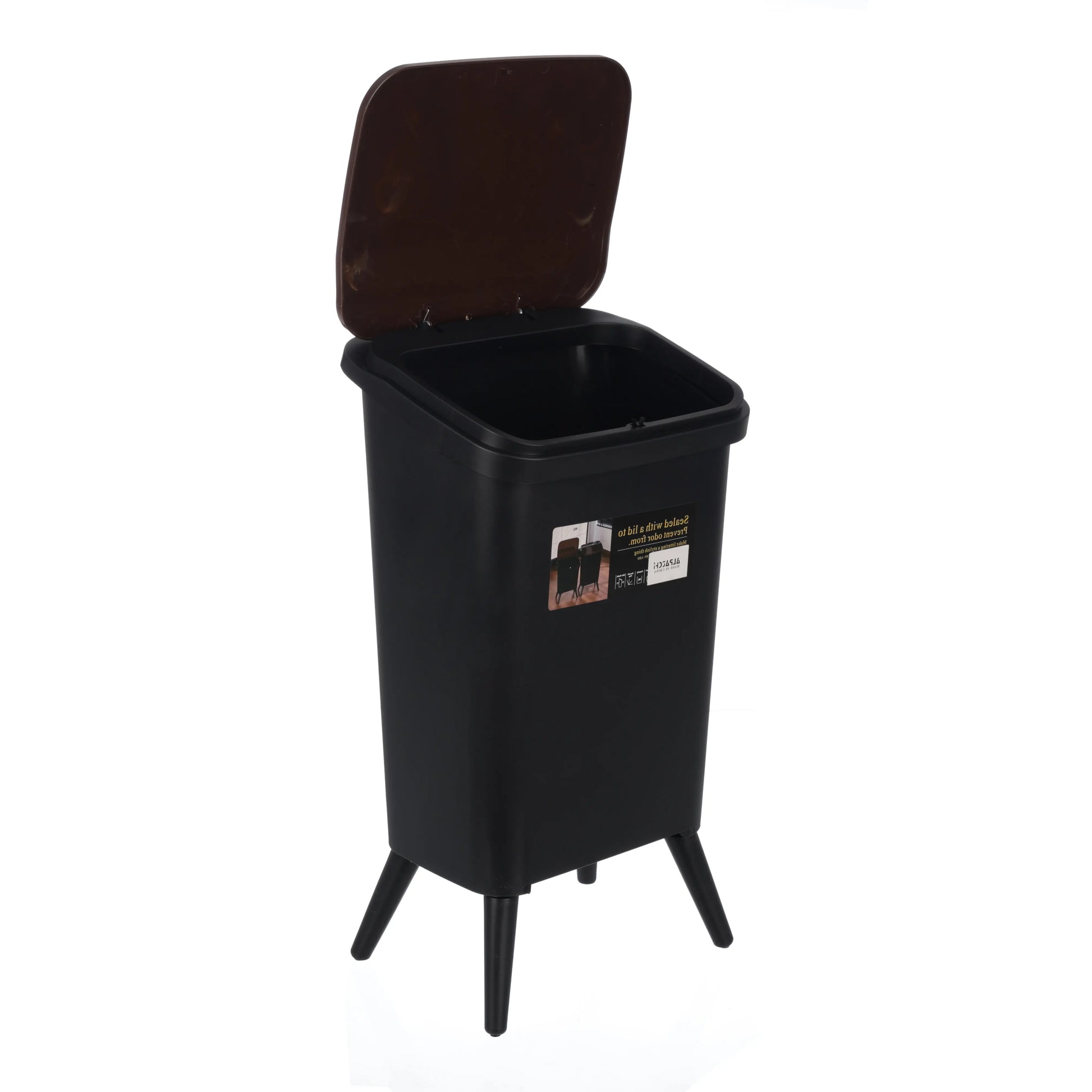 Slim Push Lid Trash Bin with open lid on a white background
